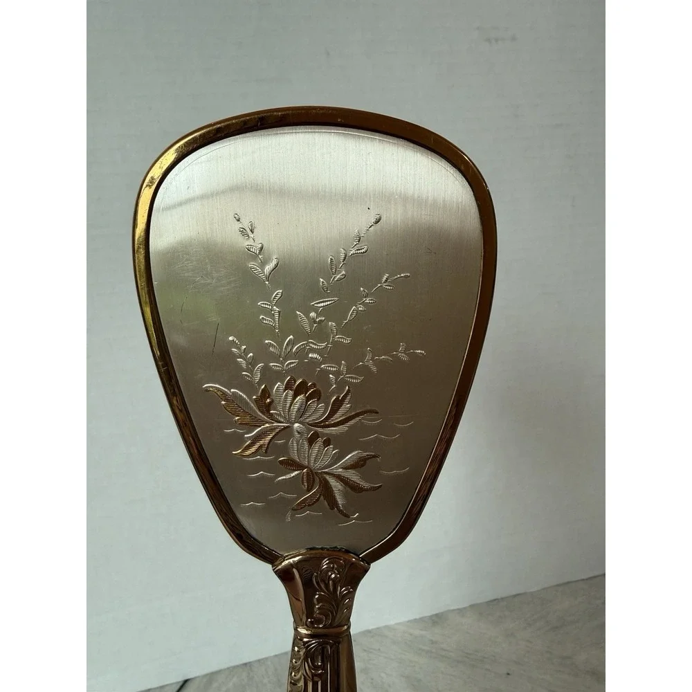 Vintage Gold Tone Hand Mirror & Brush Set Embossed Floral Fluted Handle Vanity